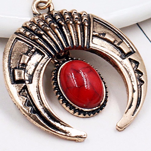 Boho Red Marble Crescent Horn Dangle Earrings - Picture 3 of 7